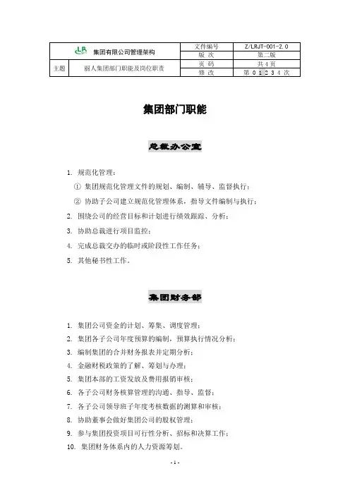 【工作职责】集团部门职能及岗位职责