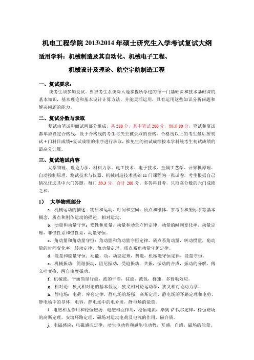 2014哈工大机电学院硕士研究生入学考试复试大纲