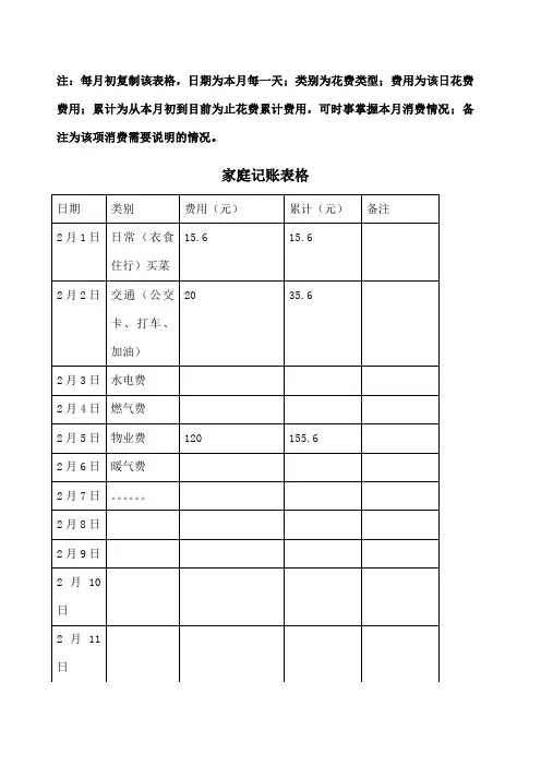 家庭记账表格