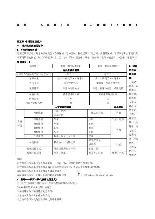 人教版八年级下册地理期末复习提纲
