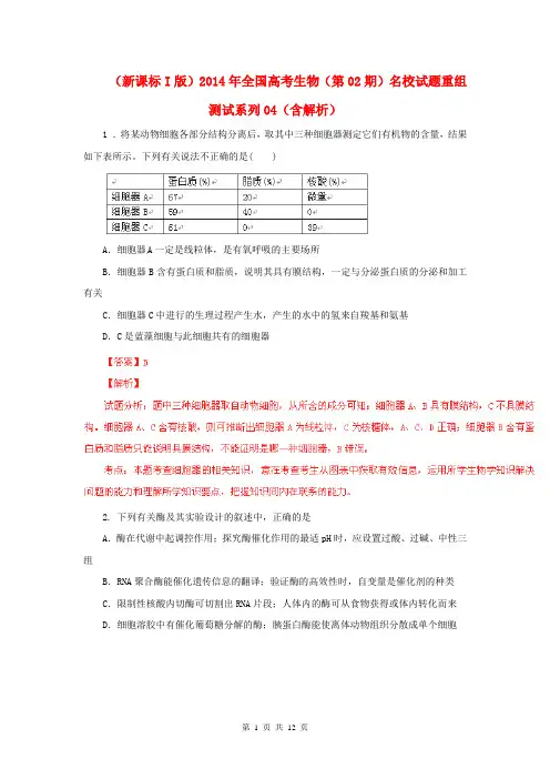 (新课标I版)2014年全国高考生物(第02期)名校试题重组测试系列04(含解析)