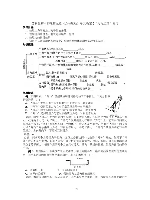 苏科版初中物理第九章《力与运动》单元教案5