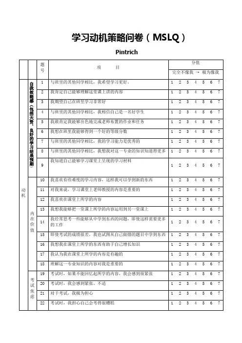 (完整版)学习动机策略问卷(MSLQ)