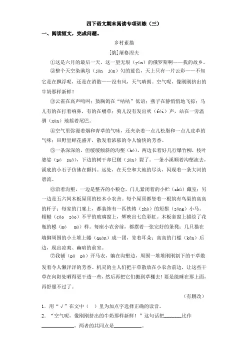 四年级下册语文试题--阅读选项训练(三)人教部编版(含答案)