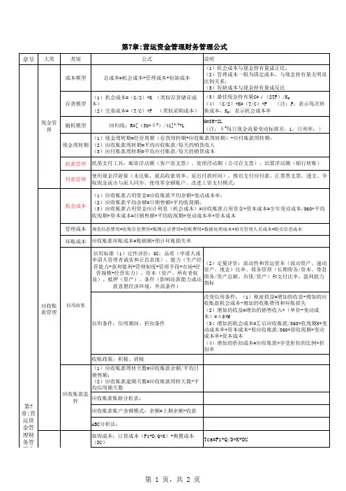 第7章营运资金管理财务管理公式