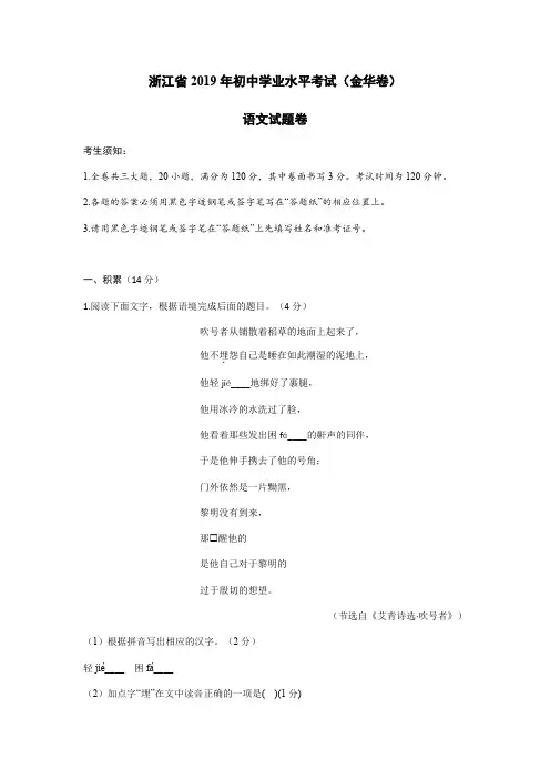 浙江省金华、义乌、丽水市2019年初中学业水平考试语文试题 含答案