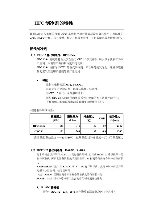 HFC制冷剂的特性