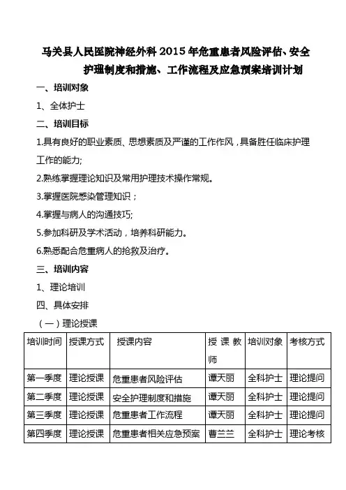 危重患者风险评估、安全护理制度和措施、工作流程及应急预案2015年培训计划