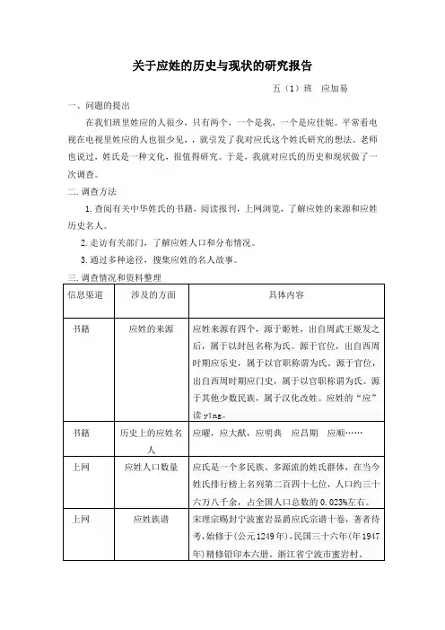 关于应姓的历史与现状的研究报告