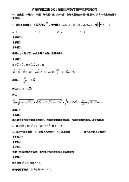 广东省阳江市2021届新高考数学第三次押题试卷含解析