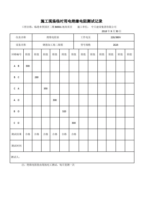 施工现场临时用电绝缘电阻测试记录