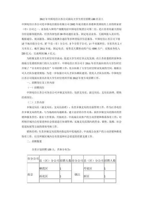 2012年中国电信江苏公司面向大学生村官招聘180名员工