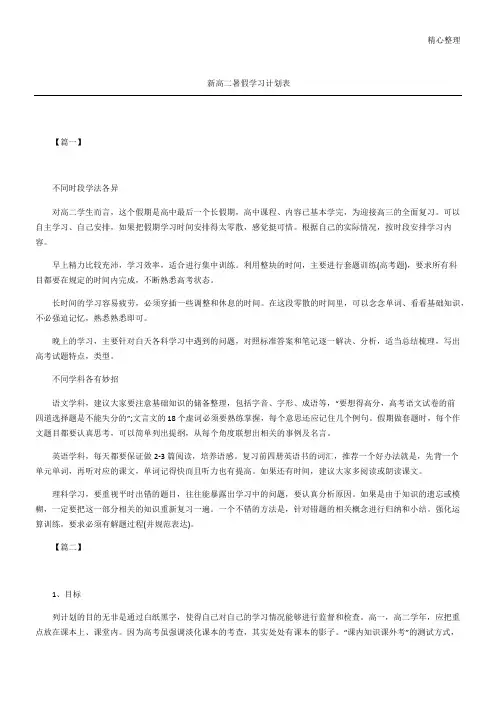 新高二暑假学习计划表