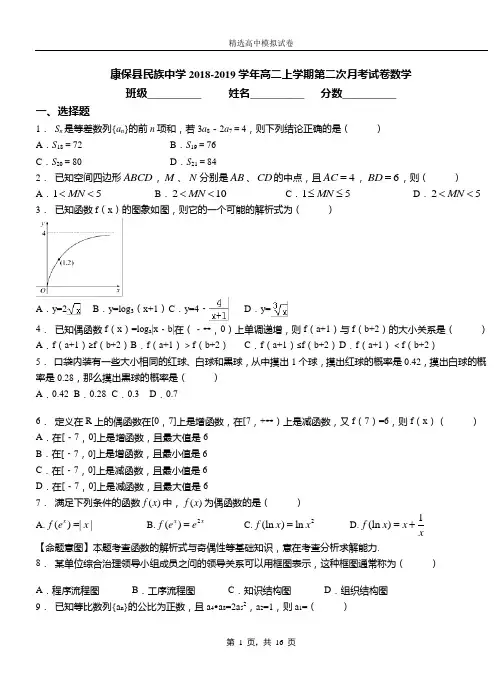 康保县民族中学2018-2019学年高二上学期第二次月考试卷数学