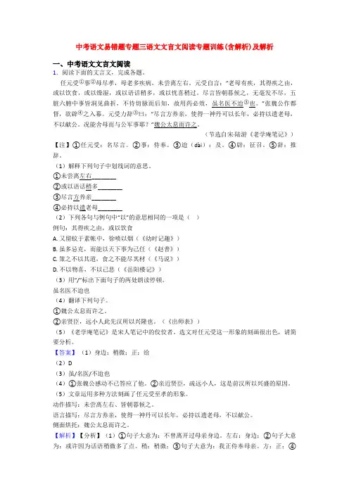 中考语文易错题专题三语文文言文阅读专题训练(含解析)及解析