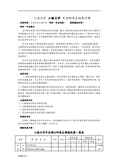某工业大学工程力学专业研究生培养方案