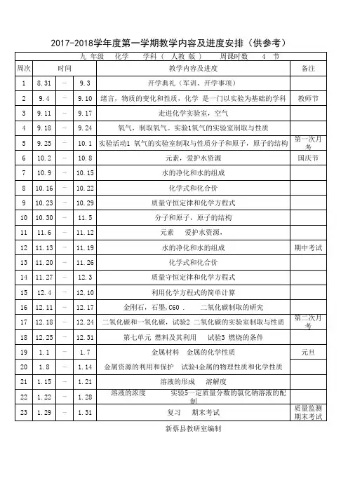 2017-2018学年度第一学期九年级化学教学进度
