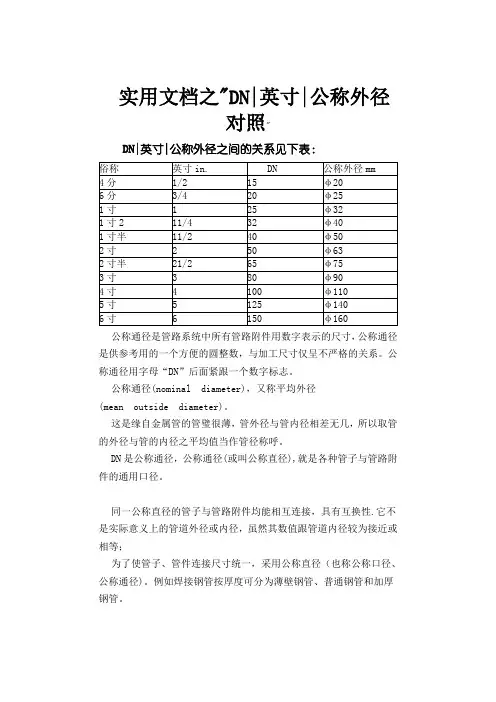 实用文档之DN与英寸对照表-dn和英寸