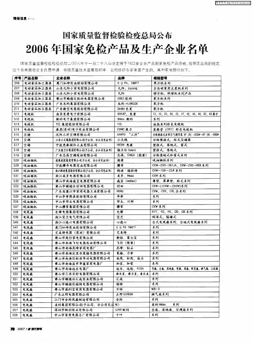国家质量监督检验检疫总局公布2006年国家免检产品及生产企业名单