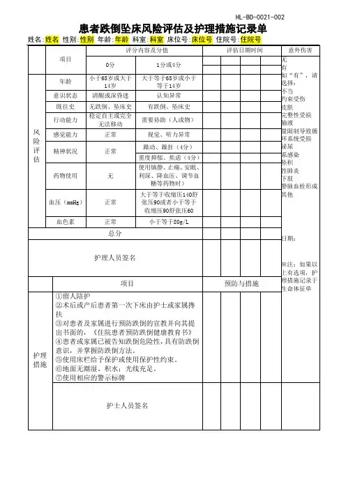 患者跌倒坠床风险评估及护理措施记录单JCI