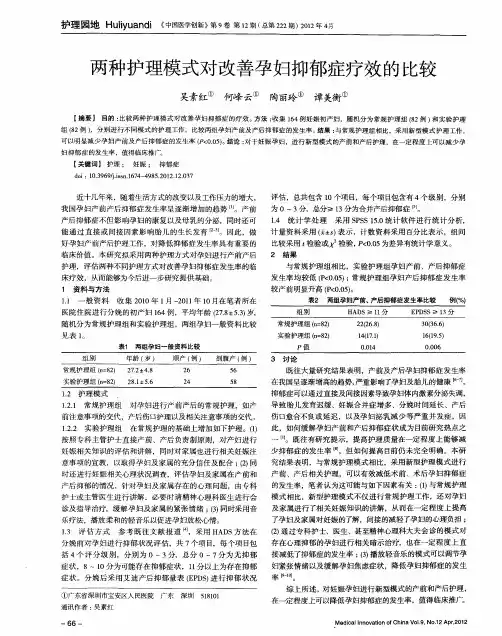 两种护理模式对改善孕妇抑郁症疗效的比较