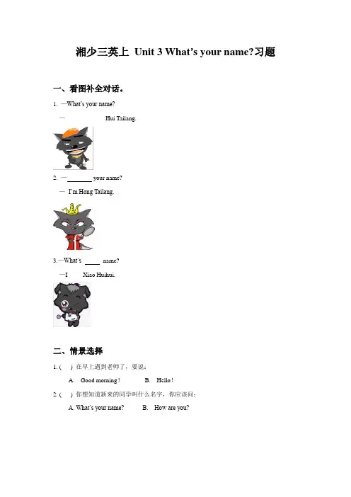 湘少版英语三年级上册全册配套同步习题Unit 3 What's your name 习题