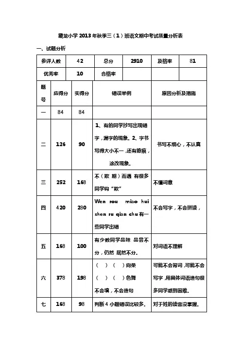 2013秋三(1)班语文五(2)班品社期中考试质量分析(6)