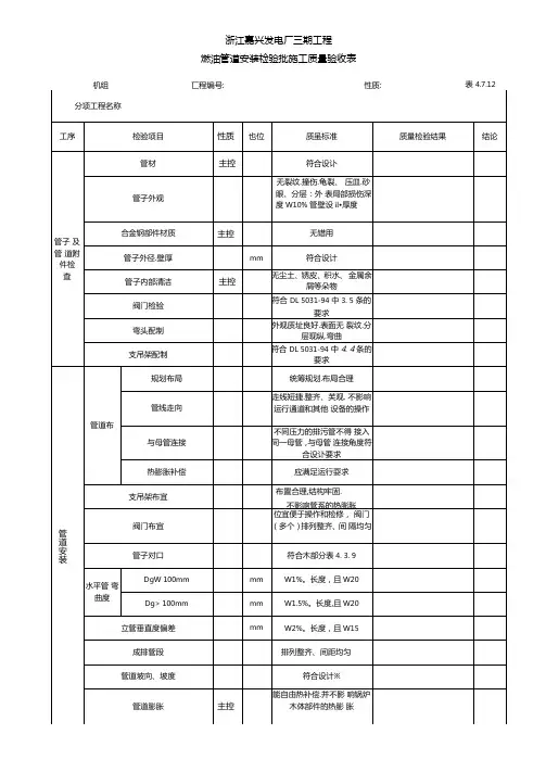 燃油管道安装检验批施工质量验收表