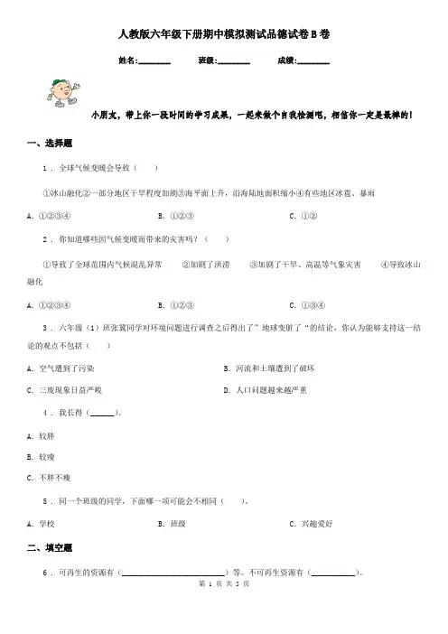 人教版 六年级下册期中模拟测试品德试卷B卷