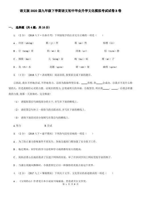 语文版2020届九年级下学期语文初中毕业升学文化模拟考试试卷B卷