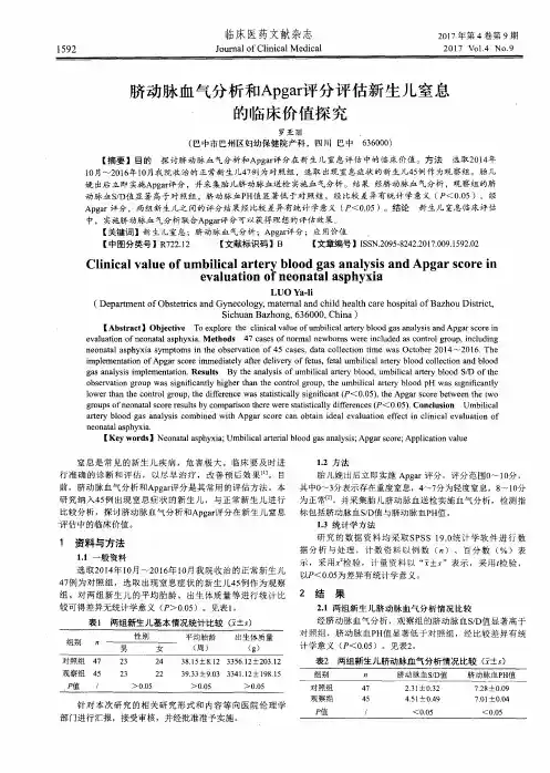 脐动脉血气分析和Apgar评分评估新生儿窒息的临床价值探究