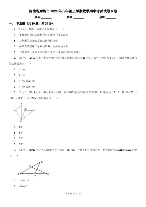 河北省廊坊市2020年八年级上学期数学期中考试试卷B卷