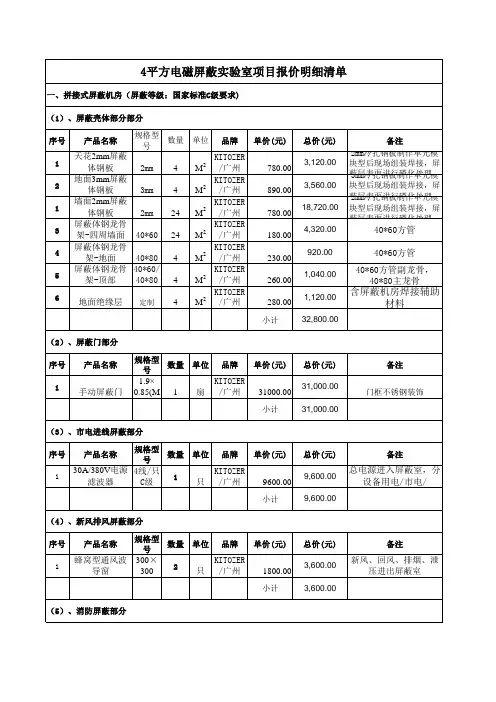 4平方电磁屏蔽实验室项目报价明细清单