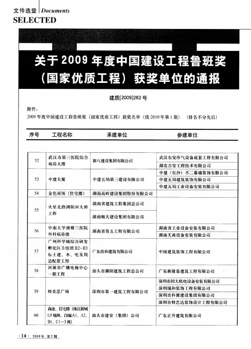关于2009年度中国建设工程鲁班奖(国家优质工程)获奖单位的通报