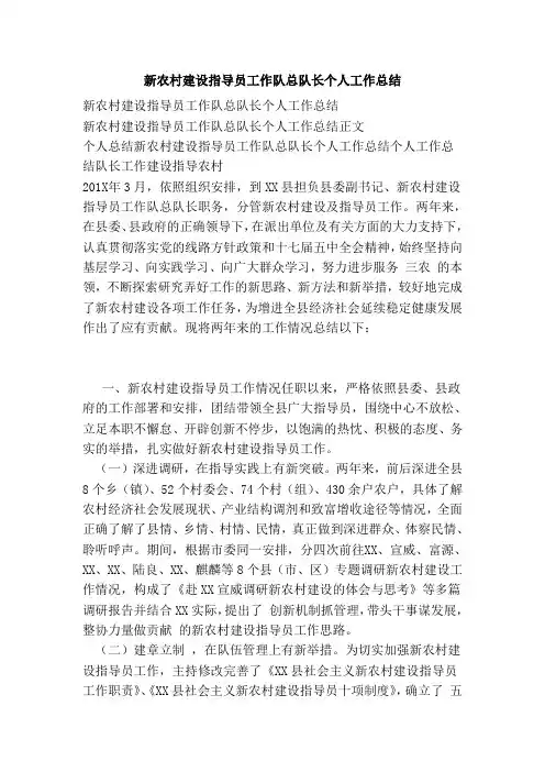 新农村建设指导员工作队总队长个人工作总结(参考)