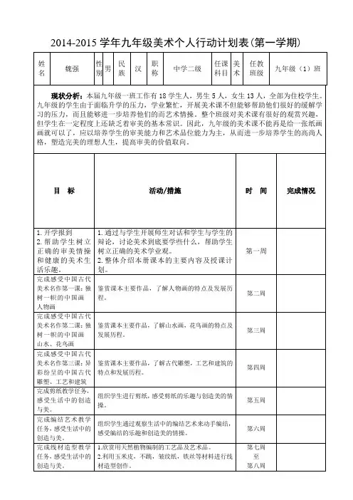 九年级美术个人行动计划表--2014-2015