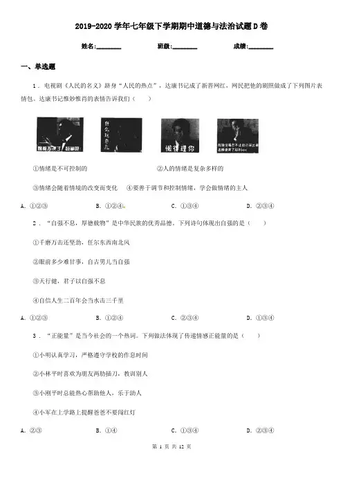2019-2020学年七年级下学期期中道德与法治试题D卷