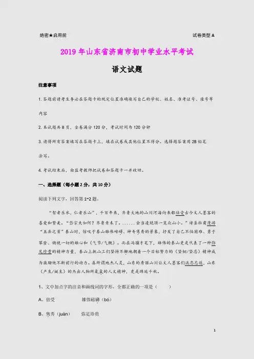 2019年山东省济南市中考语文试题(word版,含解析)