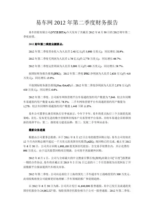 易车网2012年第二季度财务报告