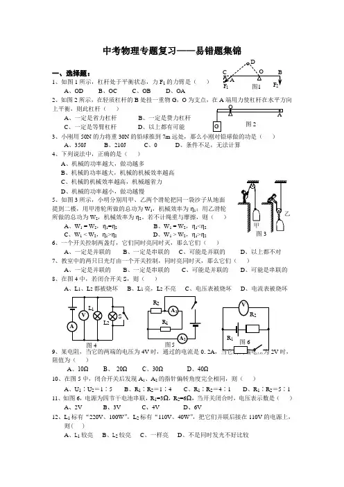 中考物理专题复习——易错题集
