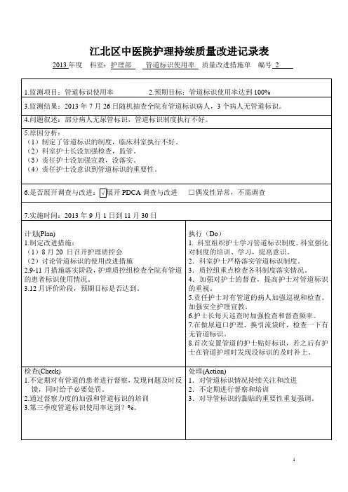 护理持续质量改进记录表(管道标识)