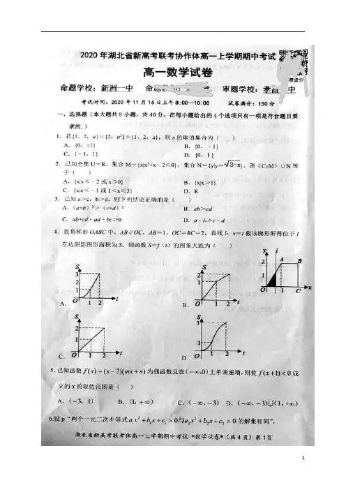 湖北省新高考联考协作体2020-2021学年高一上学期期中考试数学试题 图片版含答案
