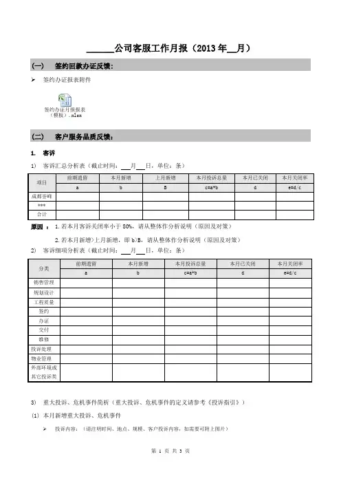 ____公司客户服务工作月报(模板)