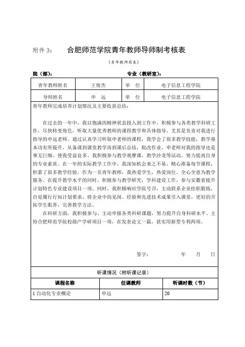 合肥师范学院青教师导师制考核表   