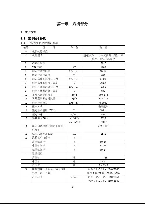 北仑电厂III期工程1000MW超超临界机组简明手册_锅炉汽机部分概要