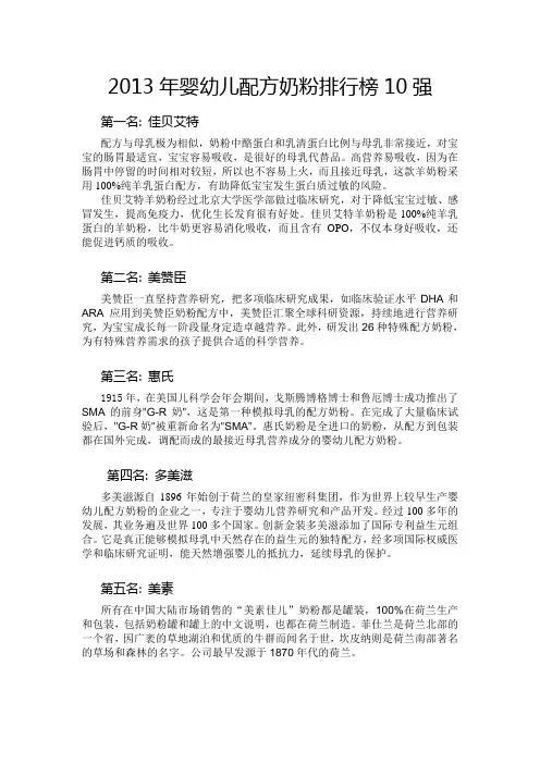 2013年婴幼儿配方奶粉排行榜10强