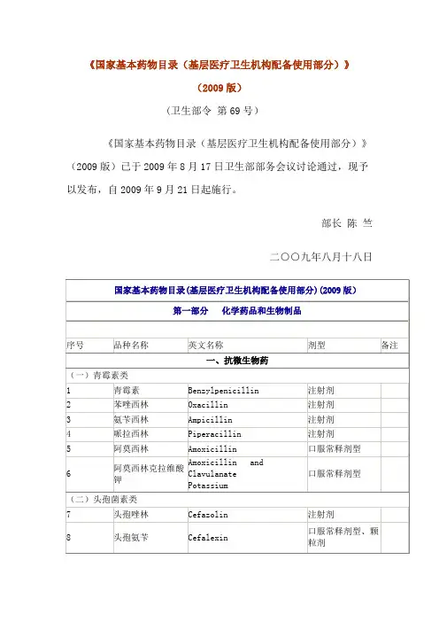 国家基本药物目录(基层医疗卫生机构配备使用部分)2009版