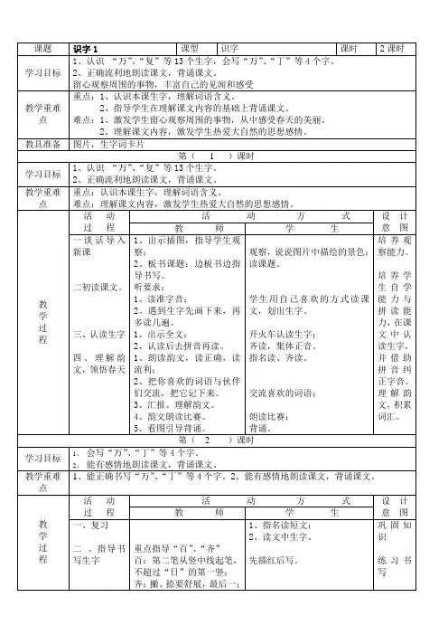 新人教版小学一年级语文下册全册电子教案【表格式】范文