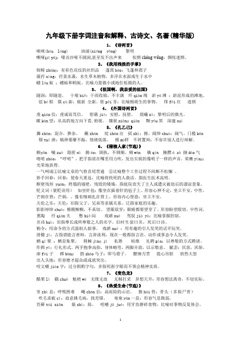 人教版语文九下字词注音和解释、古诗文、名著(精华版)