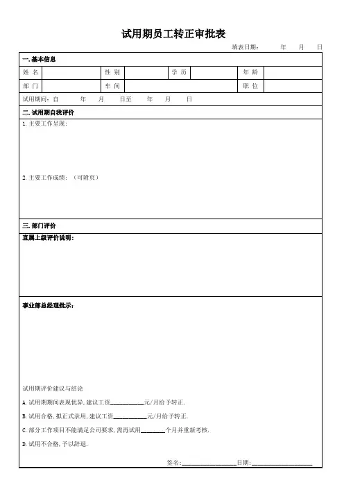 试用期员工转正审批表